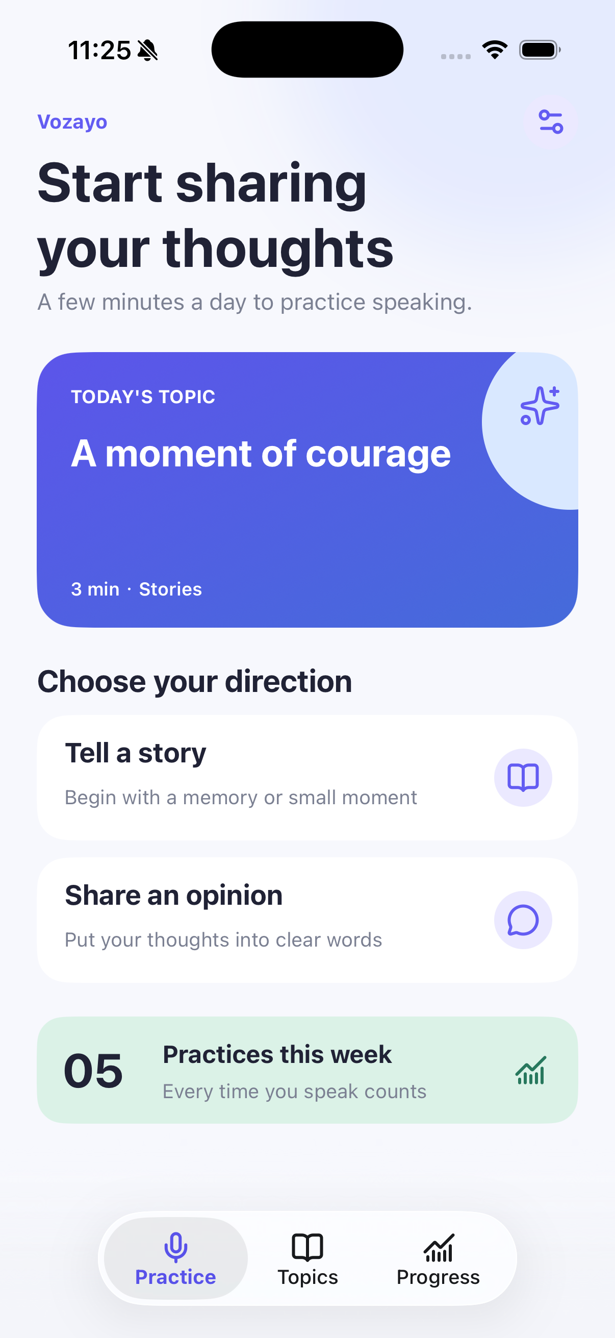 Vozayo home screen with today's speaking topic