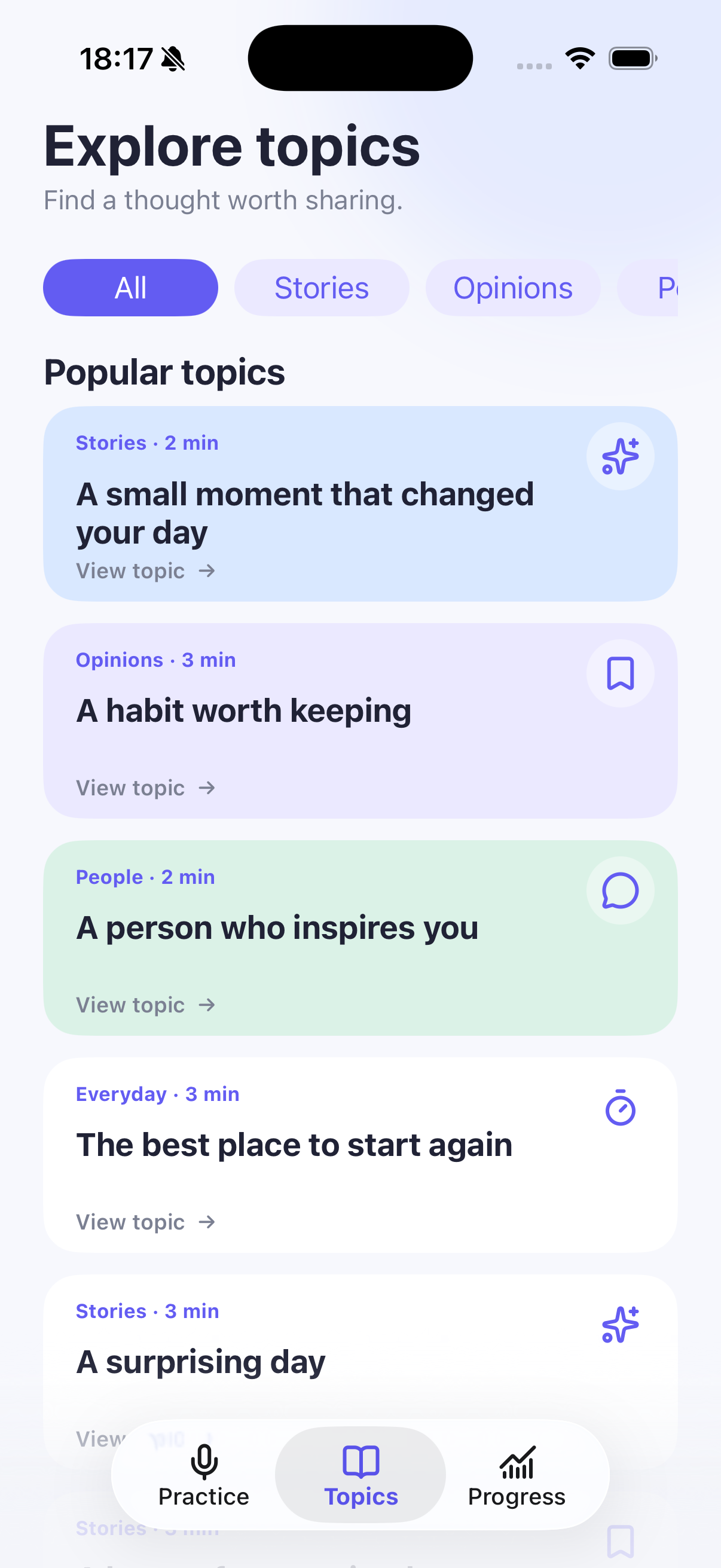 Vozayo topic list with speaking prompts